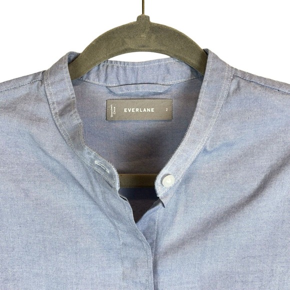 EUC Everlane Sz 2 Collarless Belted Shirt Dress. Shift Pockets. Cotton Blue - Picture 4 of 12
